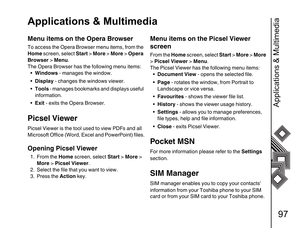 Picsel viewer 97, Pocket msn 97, Sim manager 97 | Applications & multimedia, Picsel viewer, Pocket msn, Sim manager | Toshiba G500 User Manual | Page 98 / 123