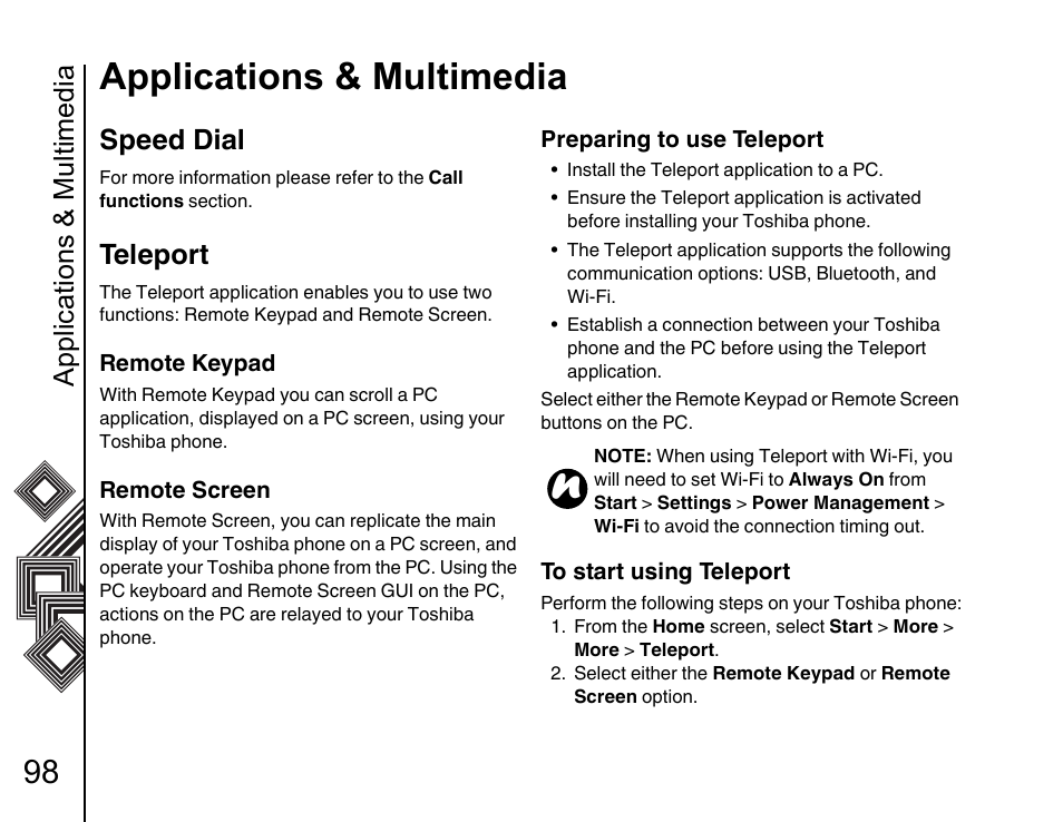 Speed dial 98, Teleport 98, Applications & multimedia | Speed dial, Teleport | Toshiba G500 User Manual | Page 99 / 123