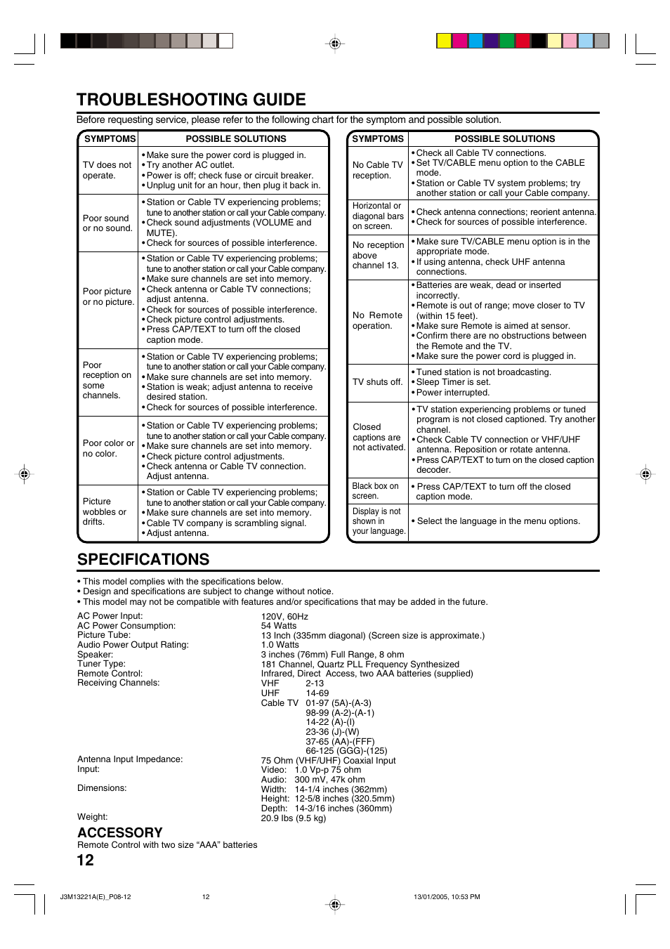 Troubleshooting guide, Specifications, Accessory | Toshiba 13A25C User Manual | Page 12 / 14