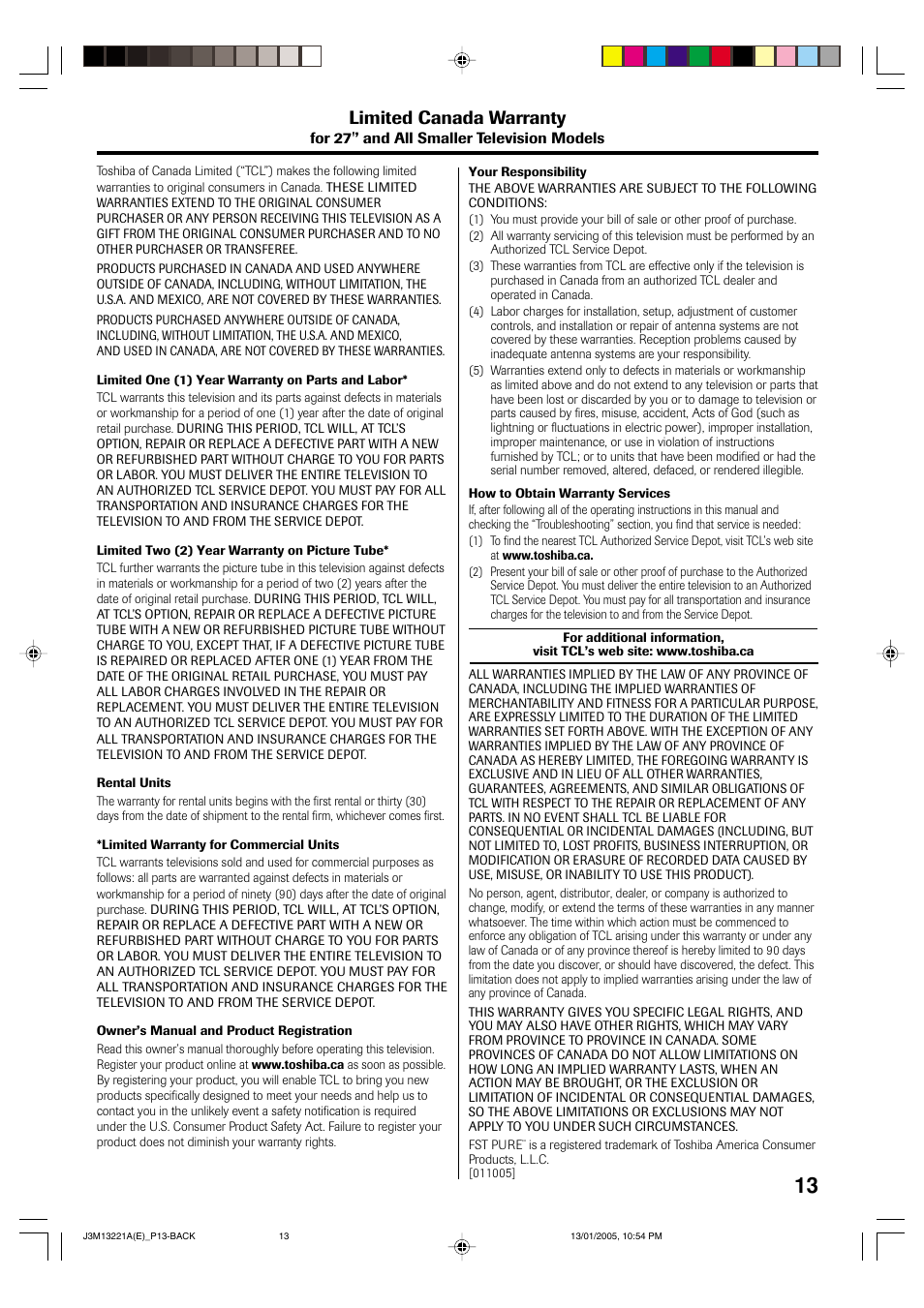 Limited canada warranty | Toshiba 13A25C User Manual | Page 13 / 14