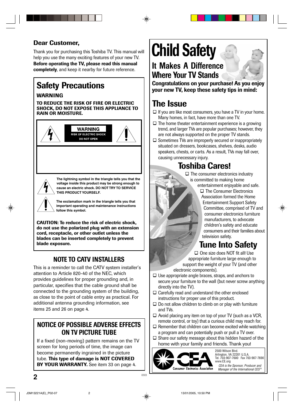 Child safety, Safety precautions, The issue | Toshiba cares, Tune into safety, It makes a difference where your tv stands | Toshiba 13A25C User Manual | Page 2 / 14
