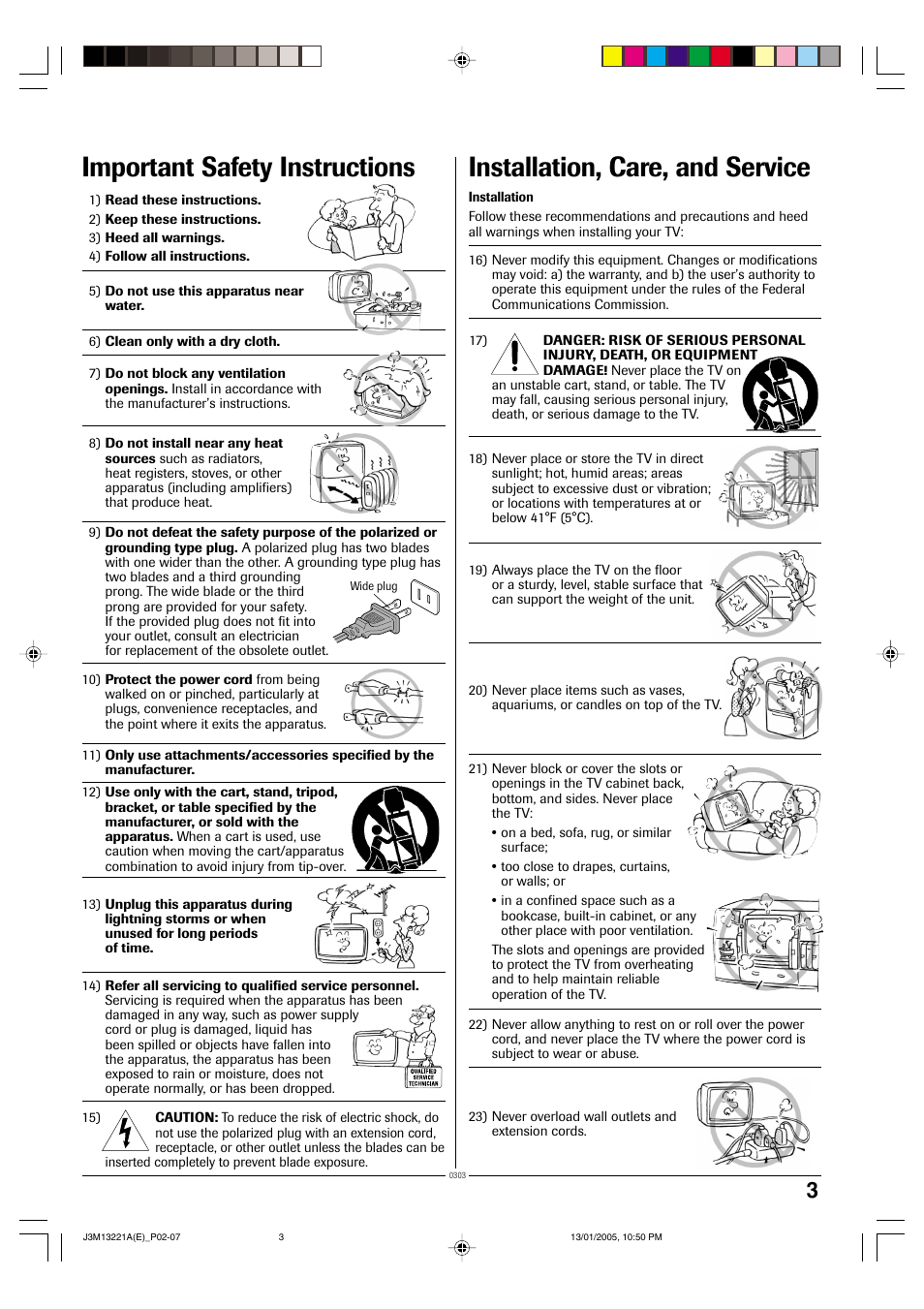 Important safety instructions, Installation, care, and service | Toshiba 13A25C User Manual | Page 3 / 14