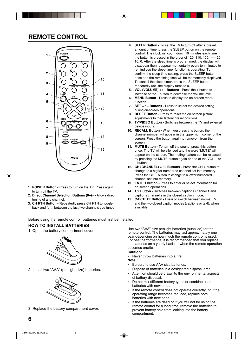 Remote control, How to install batteries | Toshiba 13A25C User Manual | Page 6 / 14