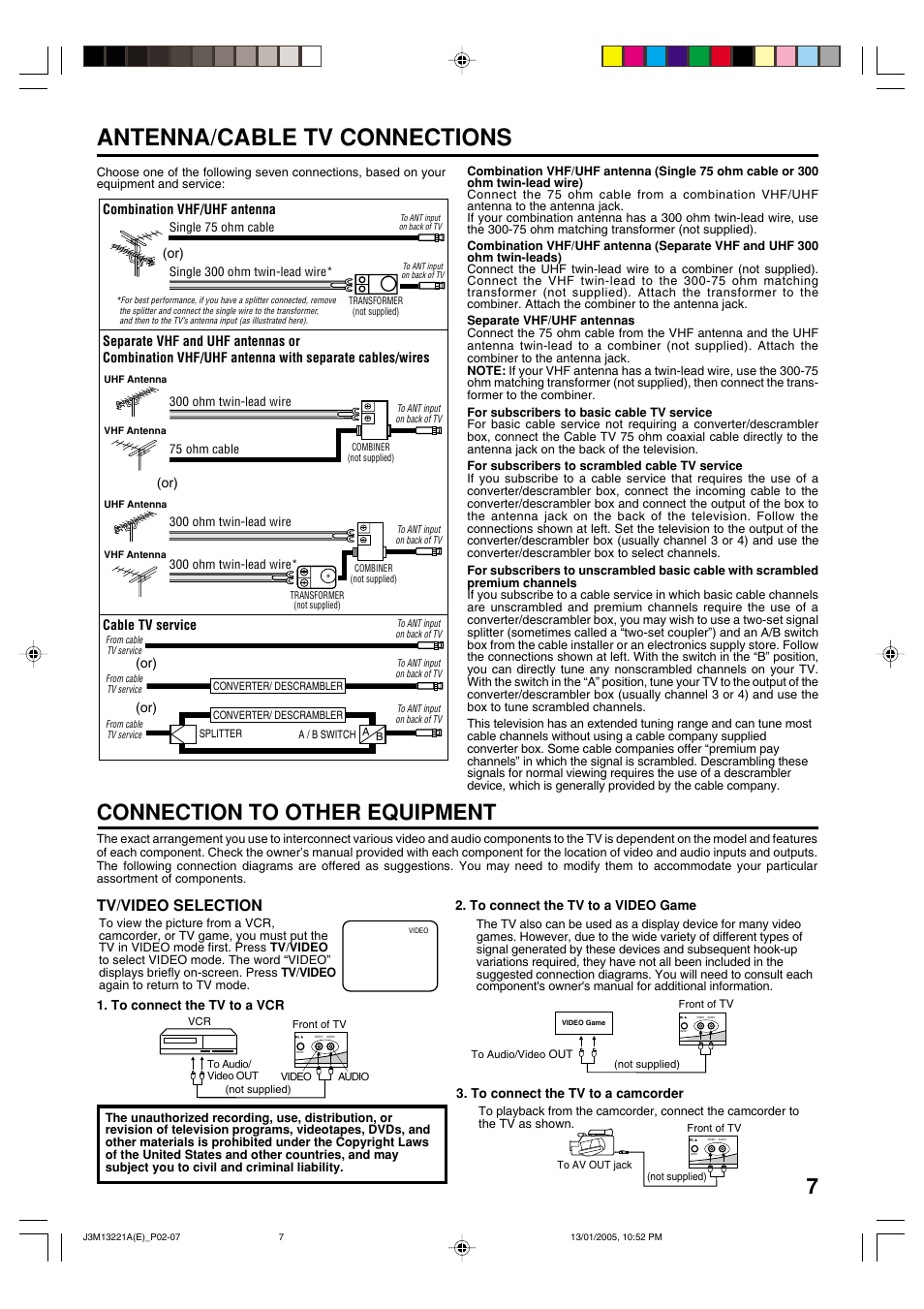 Antenna/cable tv connections, Connection to other equipment, Tv/video selection | Combination vhf/uhf antenna, Cable tv service (or) (or) | Toshiba 13A25C User Manual | Page 7 / 14