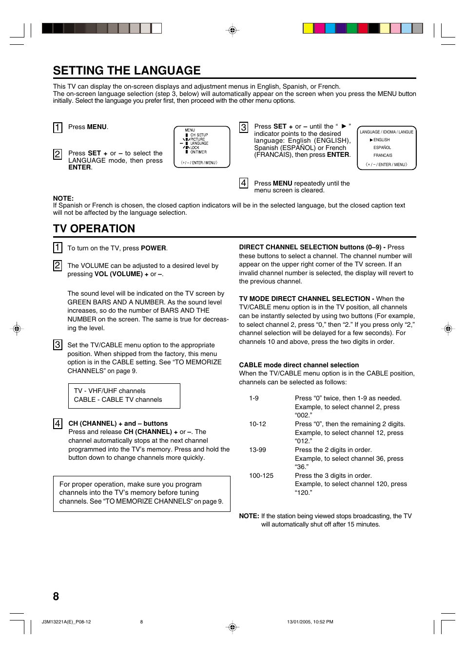 Setting the language, Tv operation | Toshiba 13A25C User Manual | Page 8 / 14