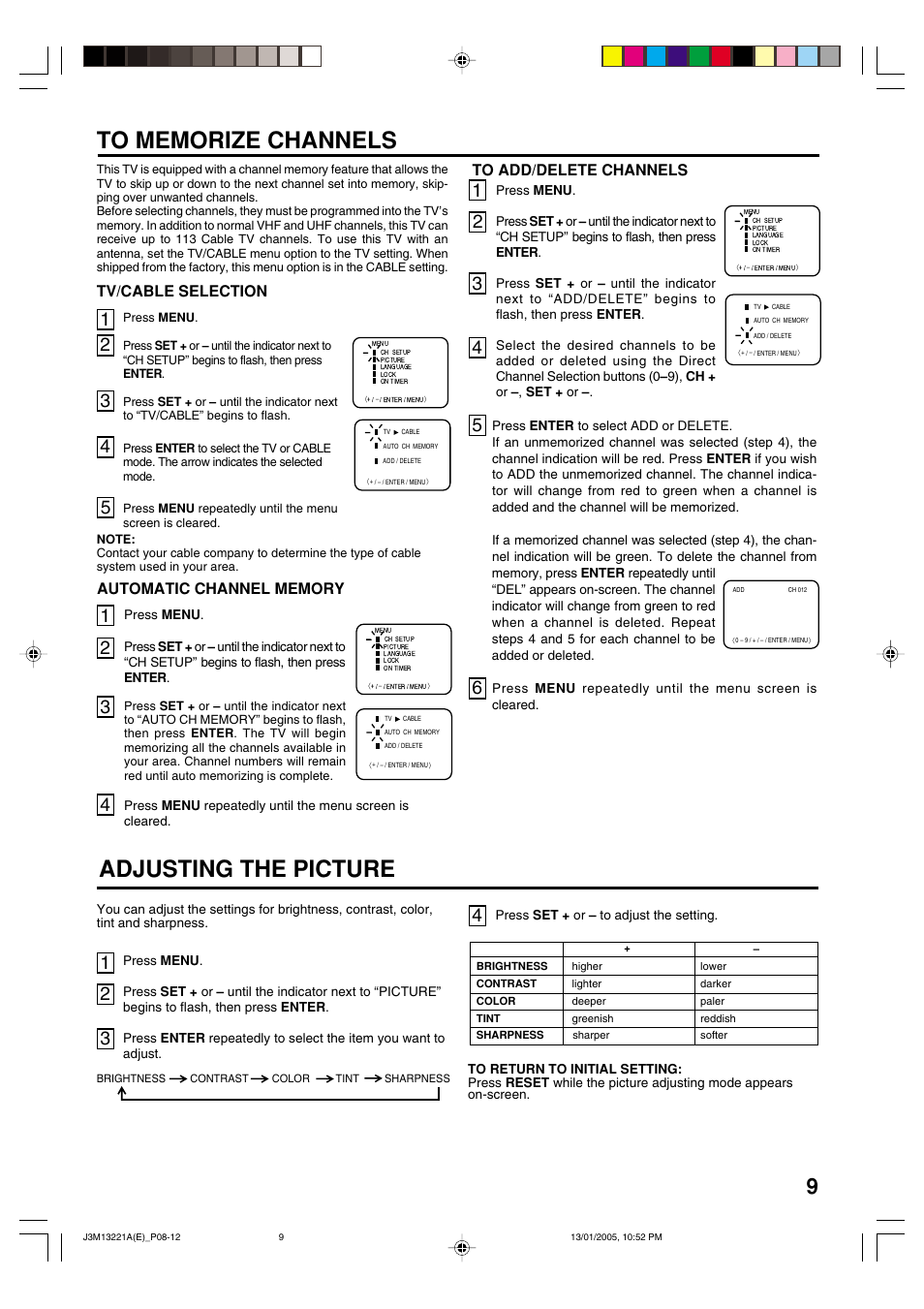 Adjusting the picture, Tv/cable selection | Toshiba 13A25C User Manual | Page 9 / 14