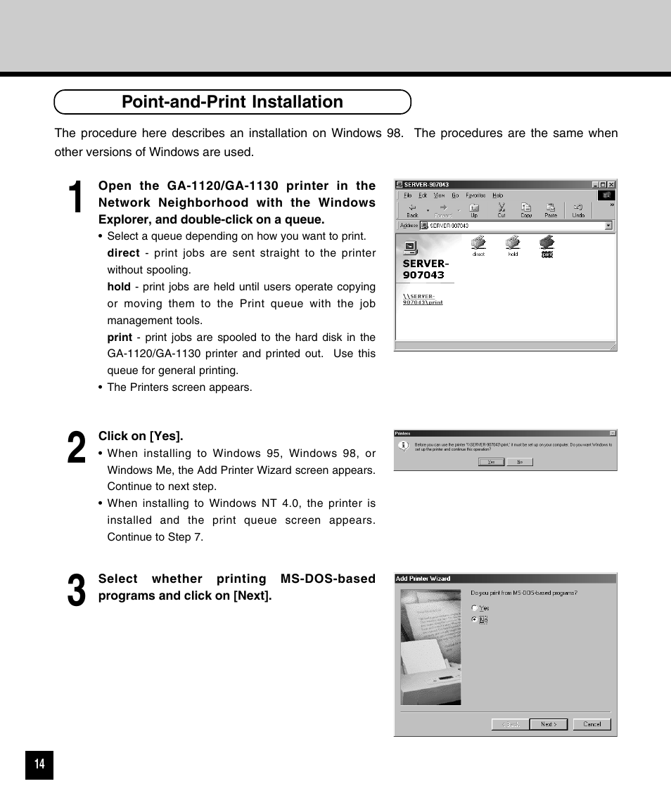 Point-and-print installation | Toshiba GA-1120 User Manual | Page 16 / 65