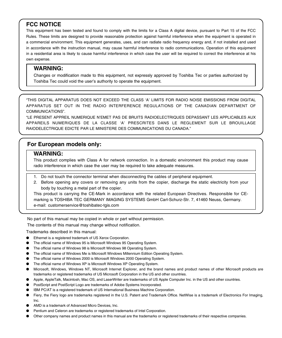 Notice, Fcc notice, Warning | For european models only: warning | Toshiba GA-1120 User Manual | Page 2 / 65