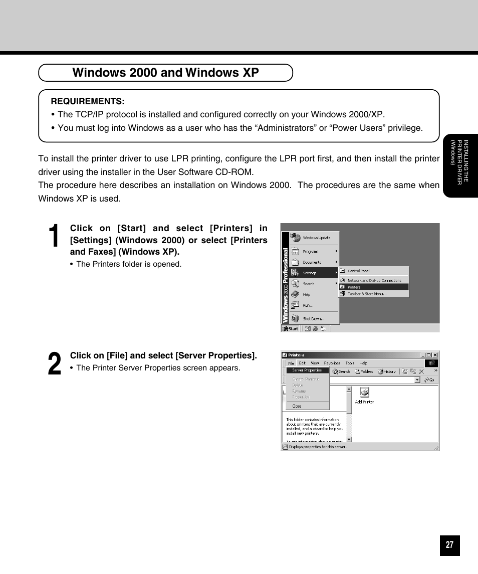 Windows 2000 and windows xp | Toshiba GA-1120 User Manual | Page 29 / 65