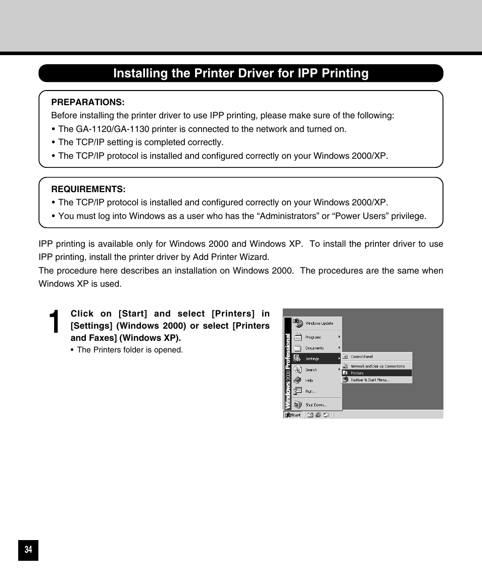 Installing the printer driver for ipp printing | Toshiba GA-1120 User Manual | Page 36 / 65