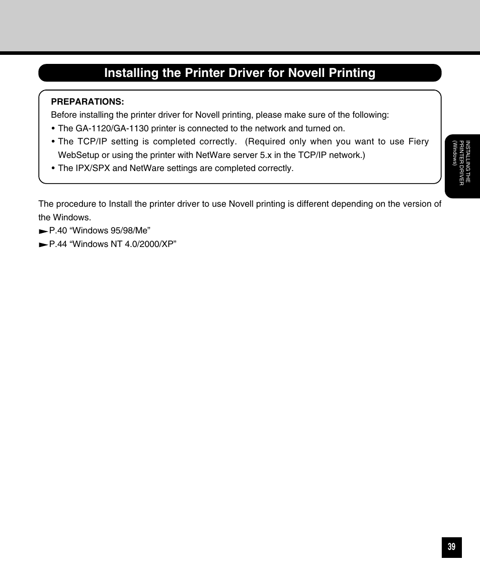 Installing the printer driver for novell printing | Toshiba GA-1120 User Manual | Page 41 / 65
