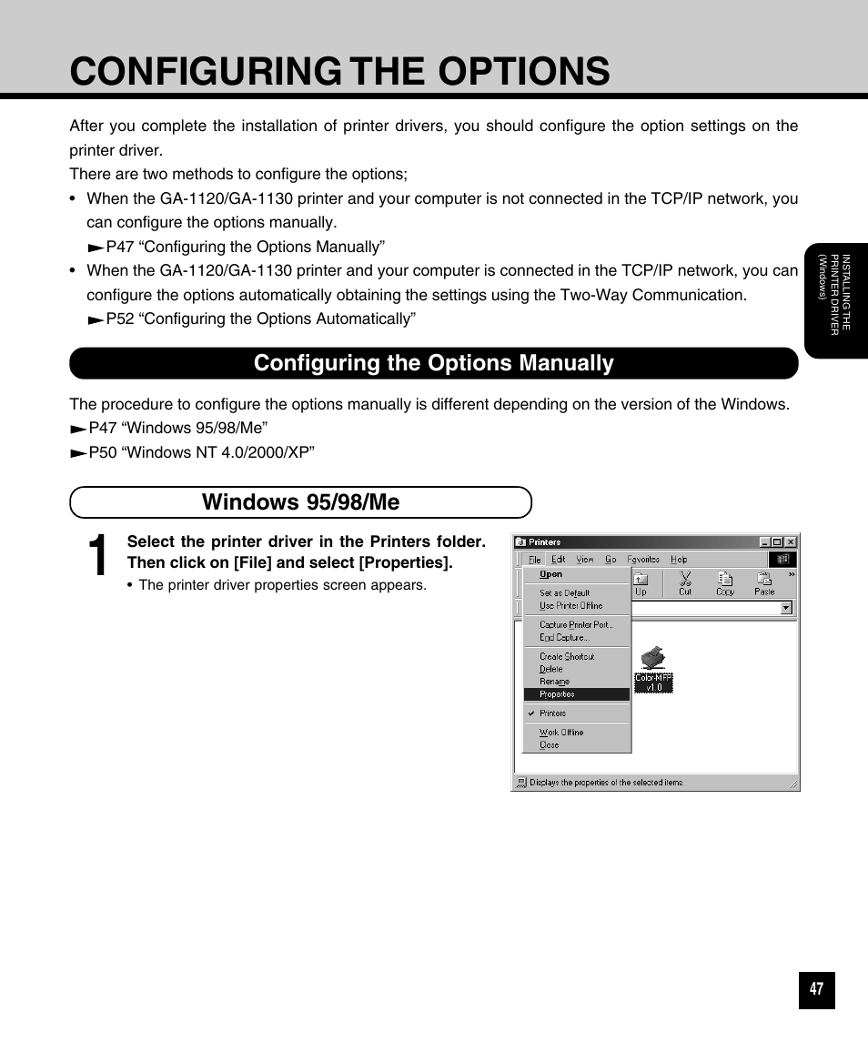 Configuring the options, Configuring the options manually, Windows 95/98/me | Toshiba GA-1120 User Manual | Page 49 / 65