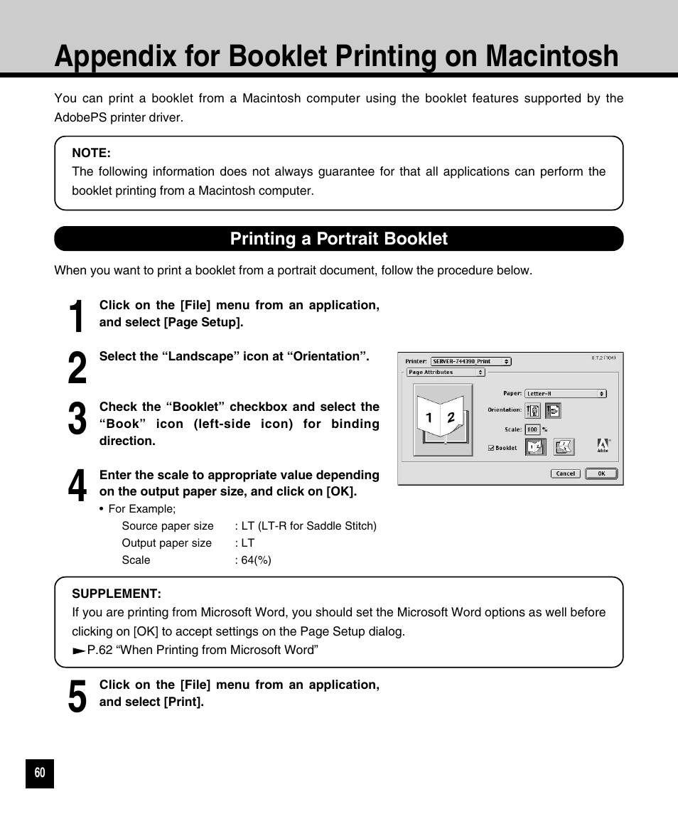 Appendix for booklet printing on macintosh, Printing a portrait booklet | Toshiba GA-1120 User Manual | Page 62 / 65