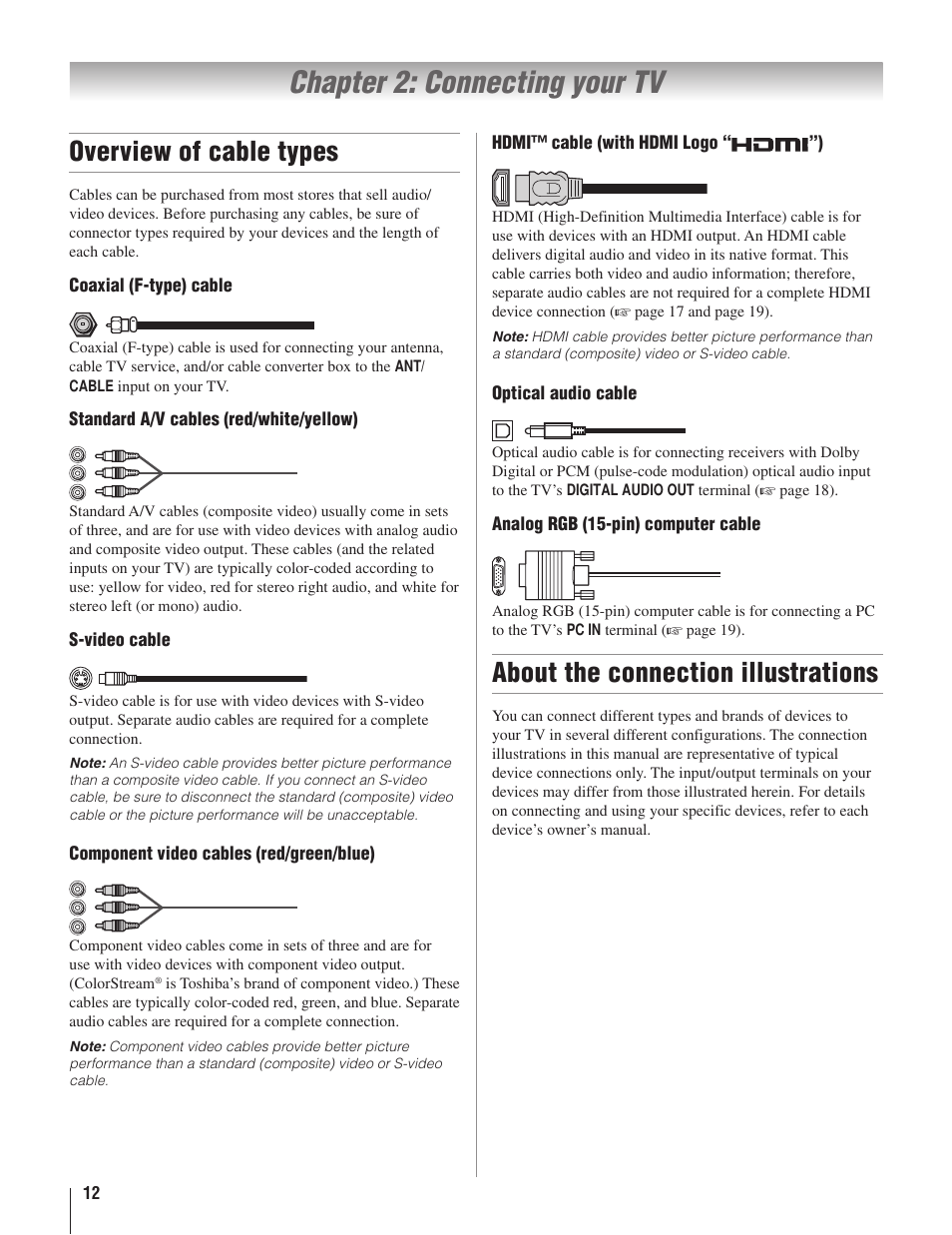 Chapter 2: connecting your tv, Overview of cable types, About the connection illustrations | Toshiba 22AV500U User Manual | Page 12 / 60