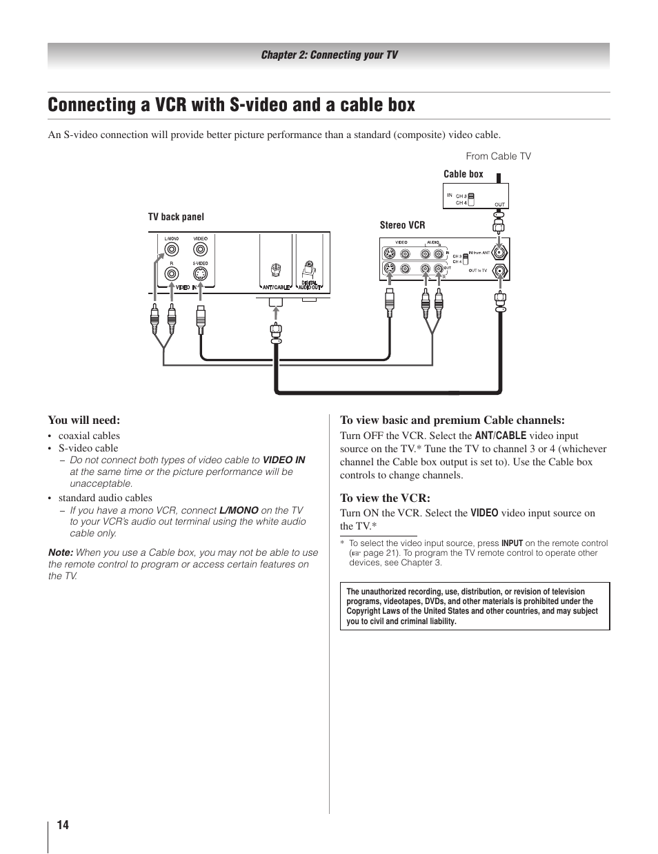 Connecting a vcr with s-video and a cable box | Toshiba 22AV500U User Manual | Page 14 / 60