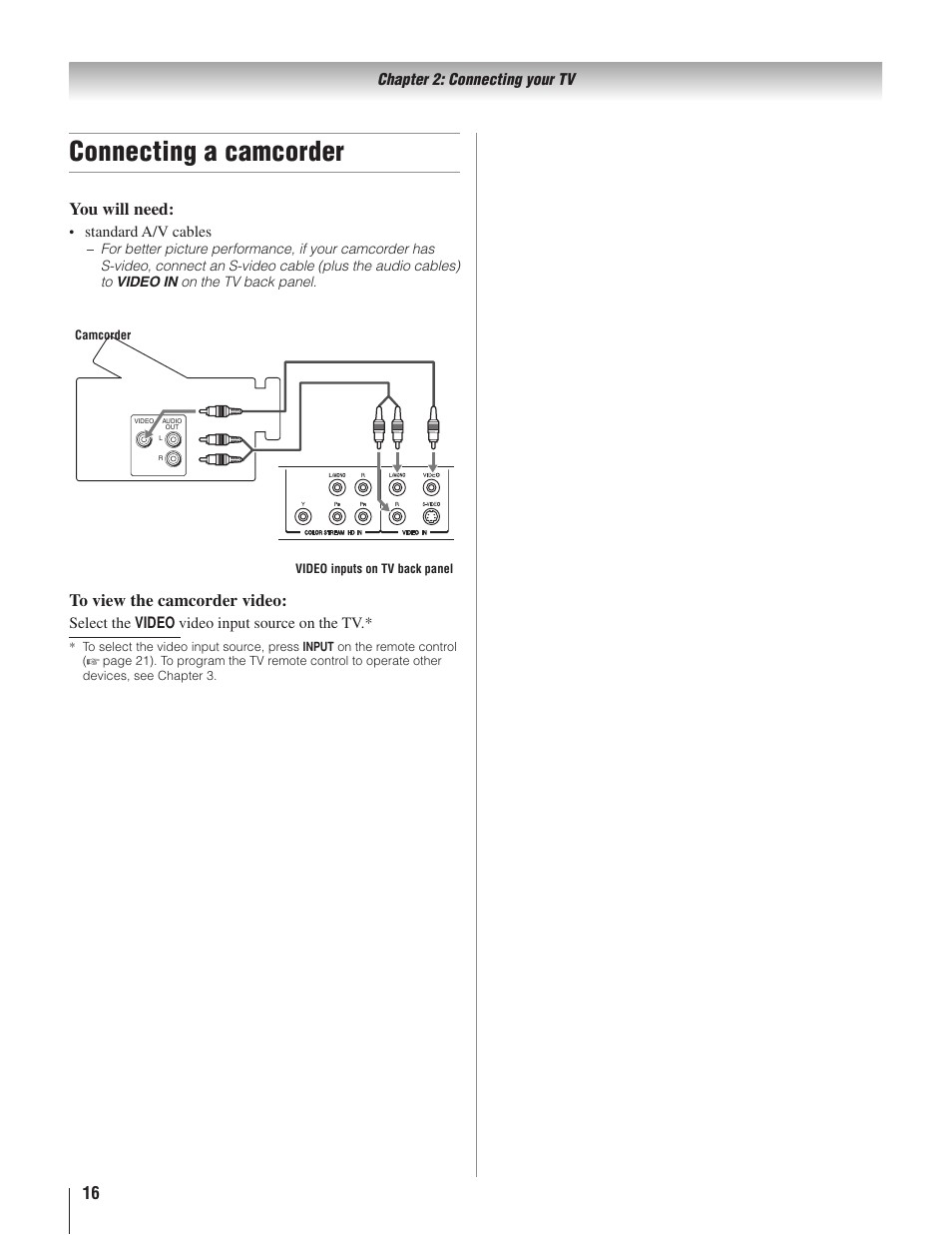 Connecting a camcorder, You will need | Toshiba 22AV500U User Manual | Page 16 / 60
