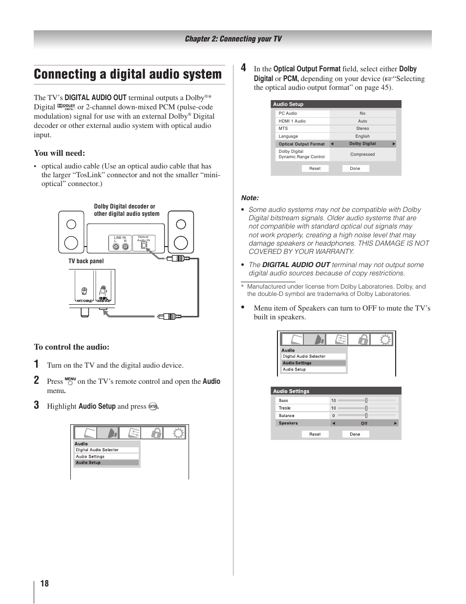 Connecting a digital audio system, You will need | Toshiba 22AV500U User Manual | Page 18 / 60