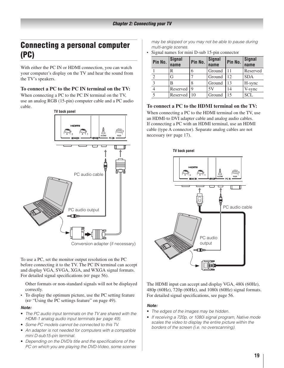 Connecting a personal computer (pc) | Toshiba 22AV500U User Manual | Page 19 / 60