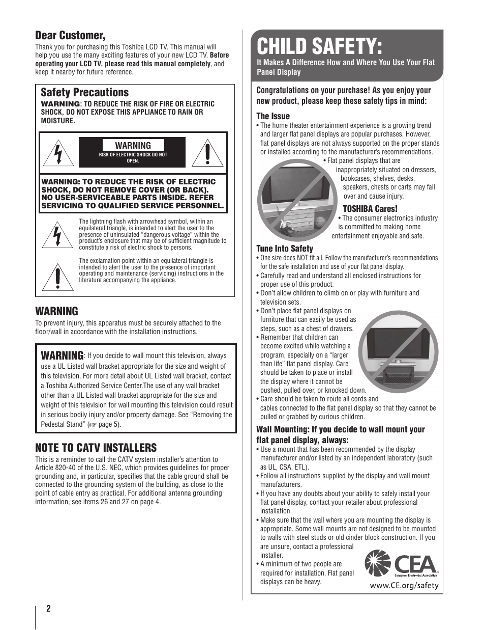 Child safety, Dear customer, Safety precautions | Warning | Toshiba 22AV500U User Manual | Page 2 / 60