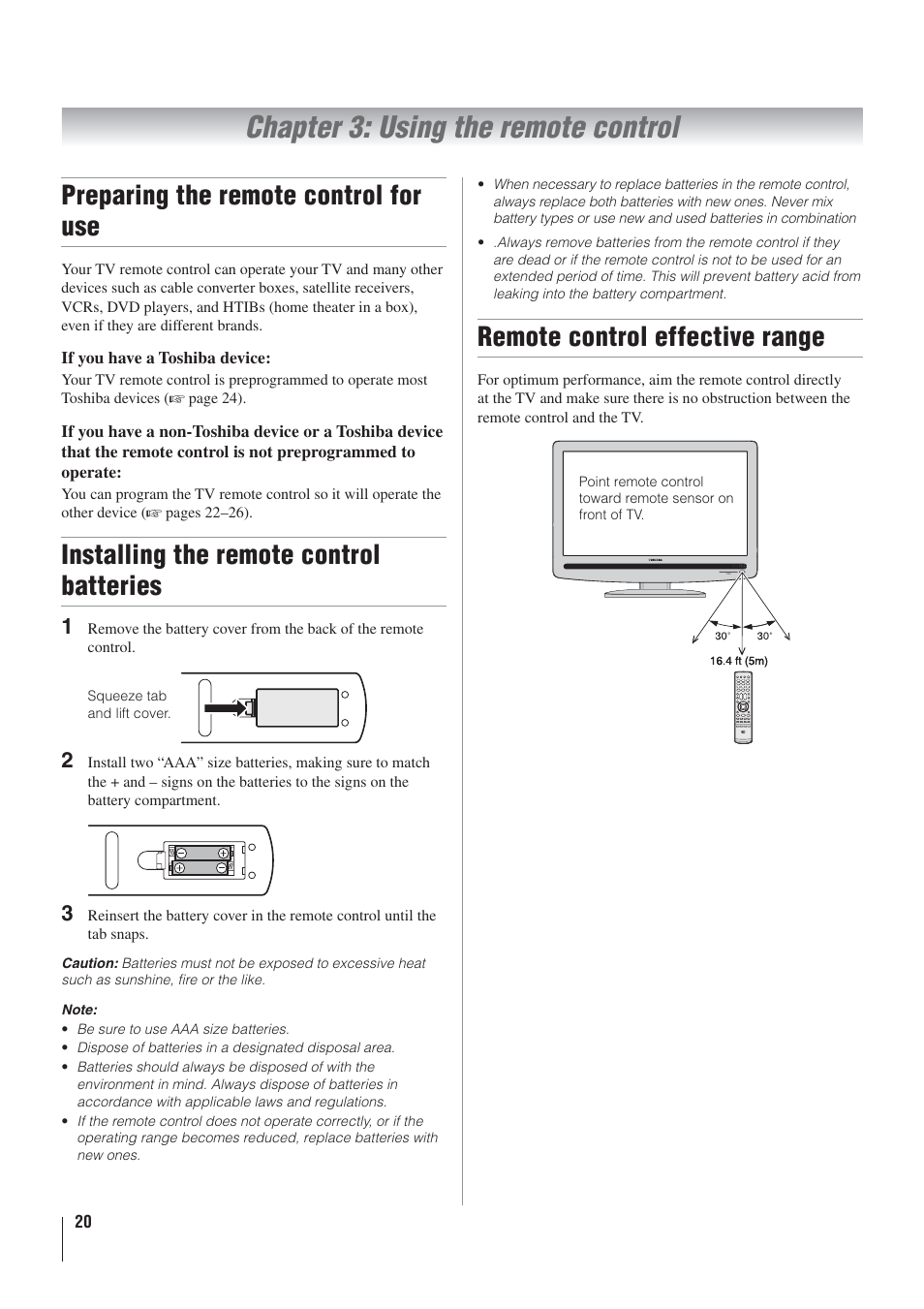 Chapter 3: using the remote control, Preparing the remote control for use, Installing the remote control batteries | Remote control effective range | Toshiba 22AV500U User Manual | Page 20 / 60
