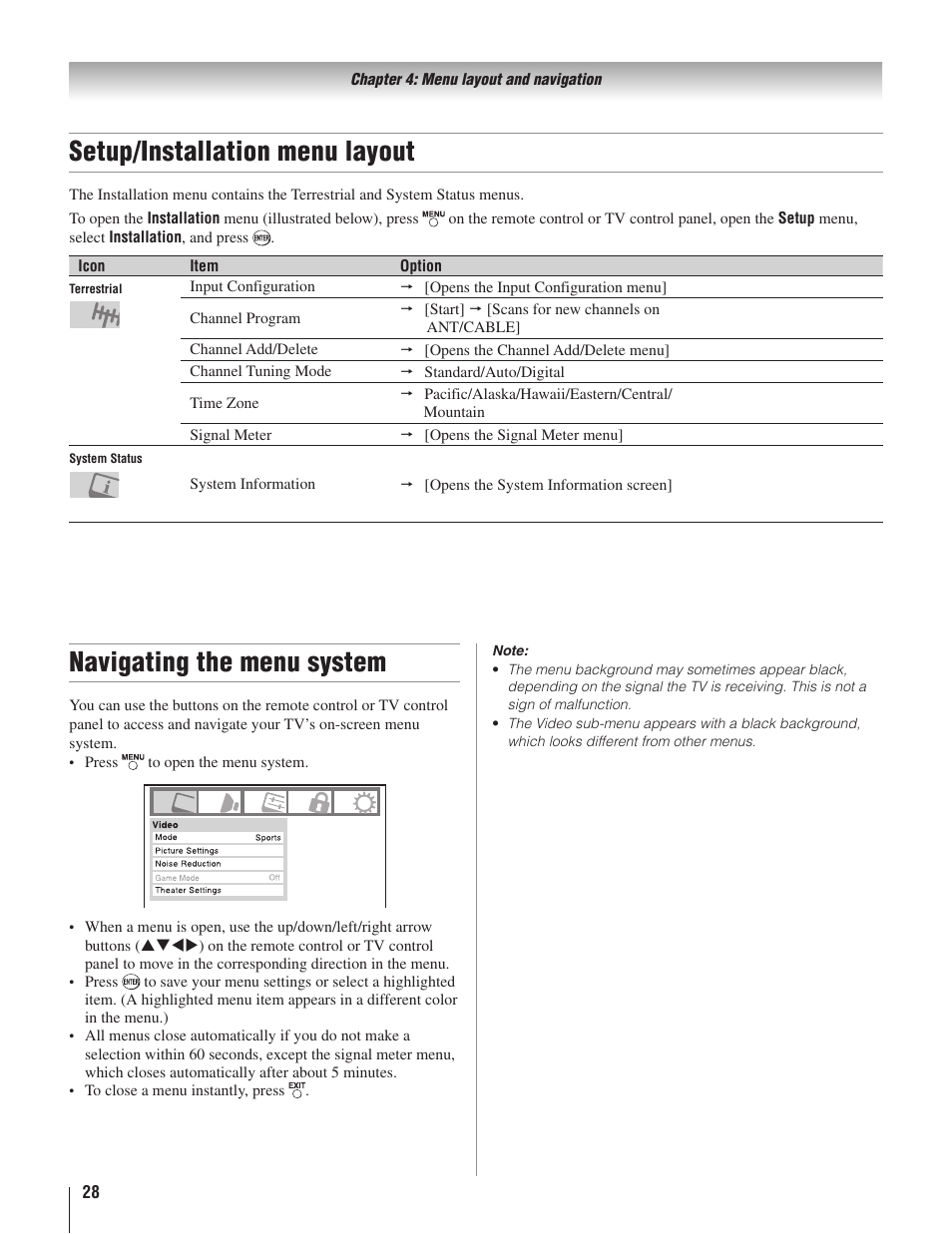 Setup/installation menu layout, Navigating the menu system | Toshiba 22AV500U User Manual | Page 28 / 60