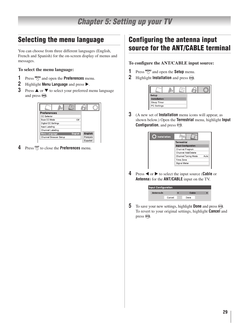 Chapter 5: setting up your tv, Selecting the menu language | Toshiba 22AV500U User Manual | Page 29 / 60