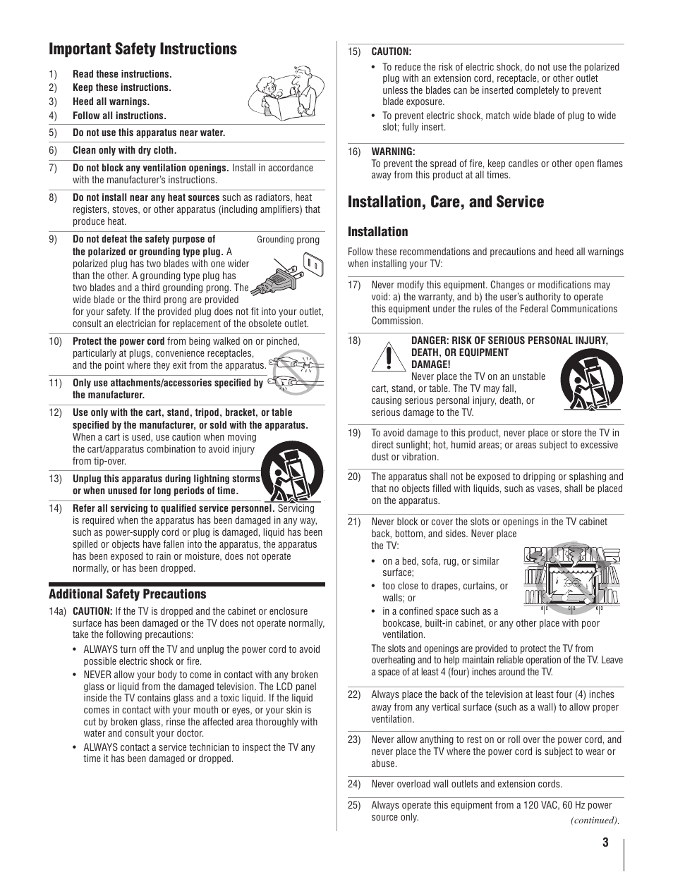 Important safety instructions, Installation, care, and service, Additional safety precautions | Installation | Toshiba 22AV500U User Manual | Page 3 / 60