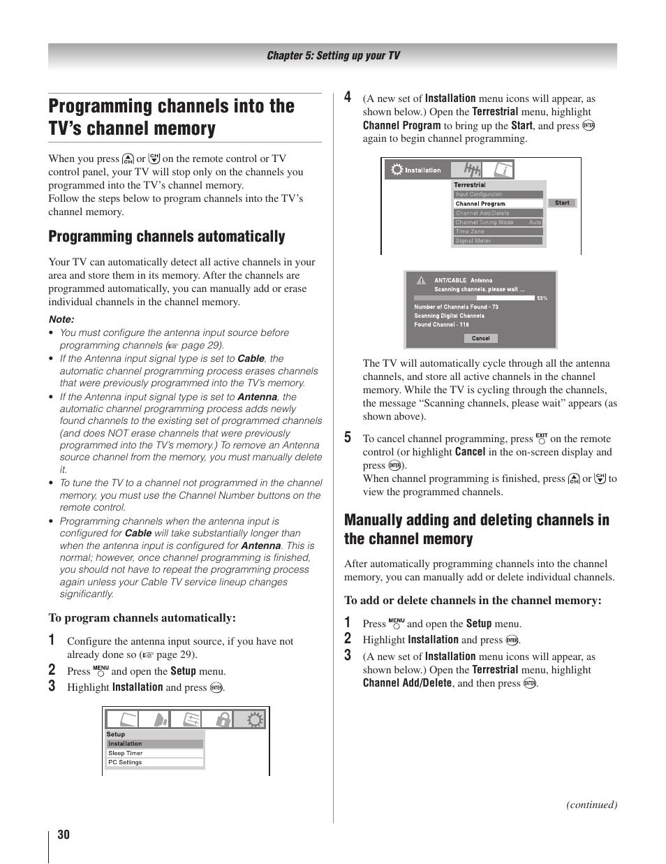 Programming channels automatically | Toshiba 22AV500U User Manual | Page 30 / 60