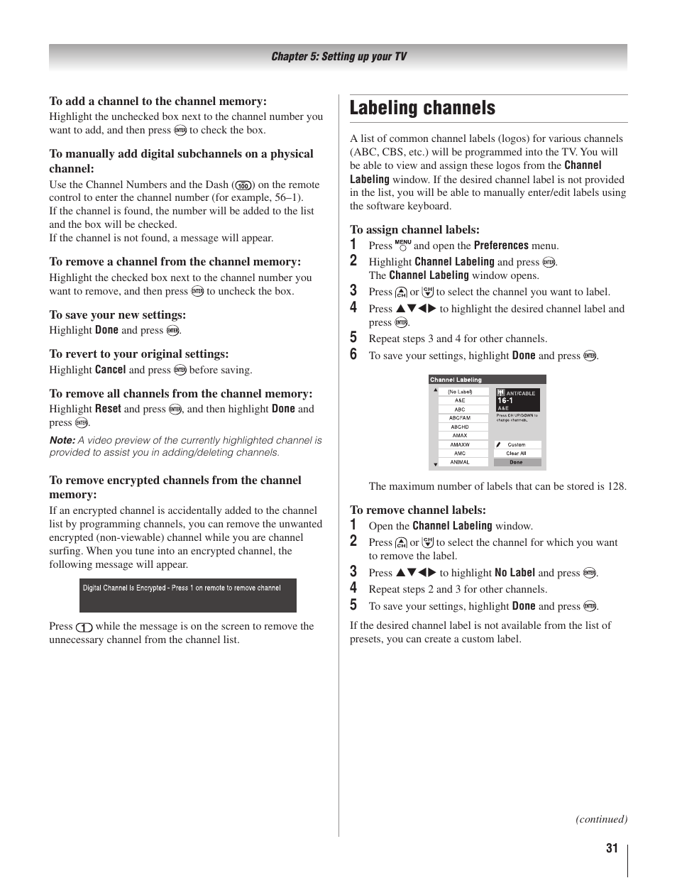 Labeling channels | Toshiba 22AV500U User Manual | Page 31 / 60