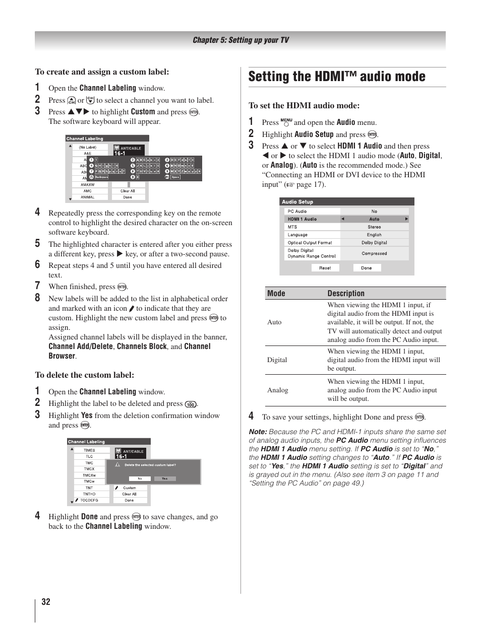 Setting the hdmi™ audio mode | Toshiba 22AV500U User Manual | Page 32 / 60