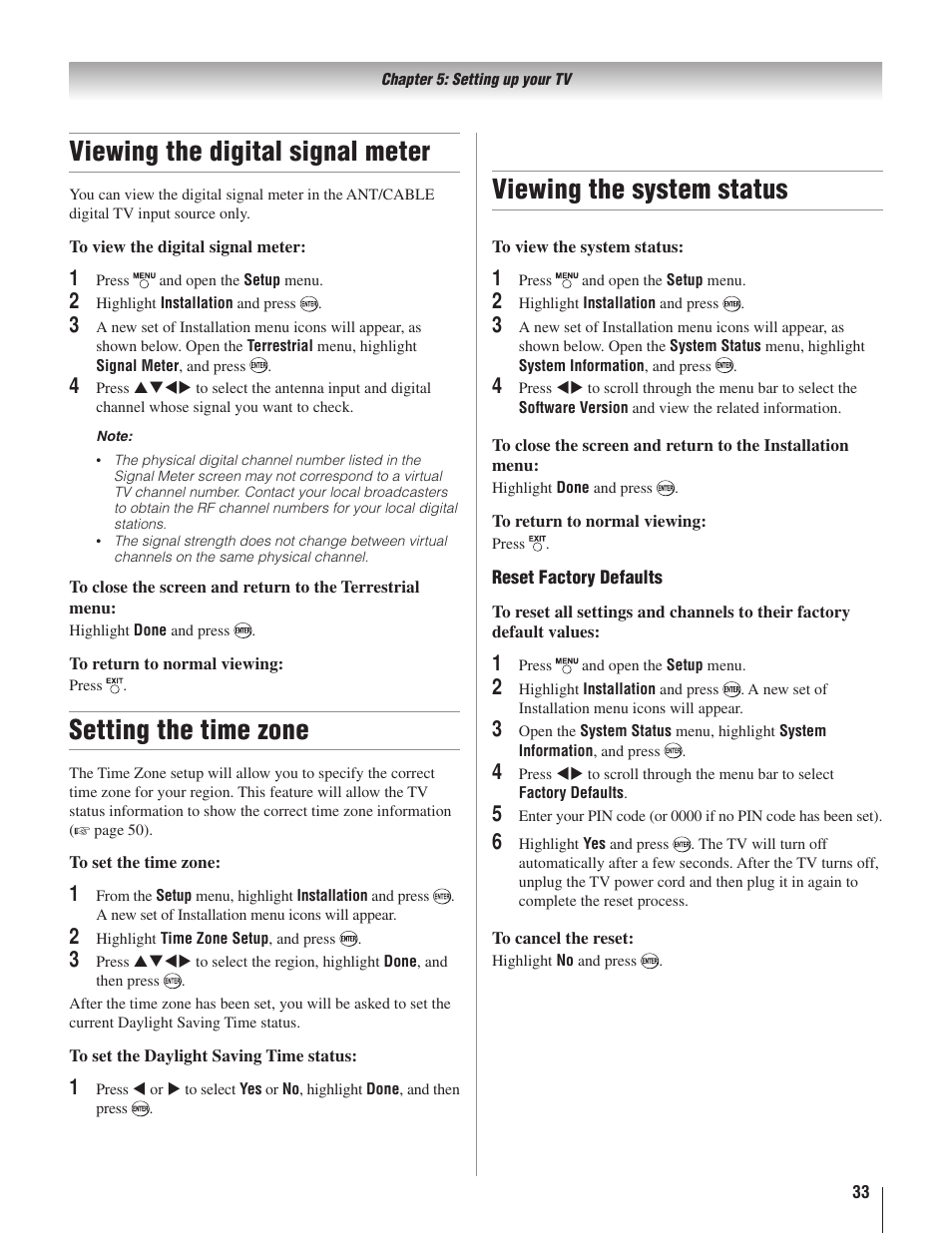 Viewing the digital signal meter, Setting the time zone, Viewing the system status | Toshiba 22AV500U User Manual | Page 33 / 60