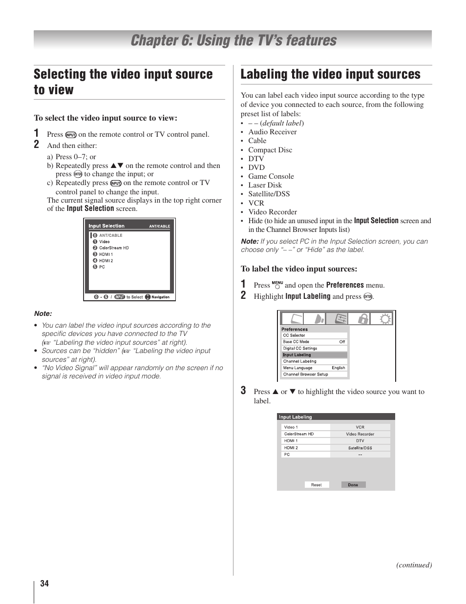 Chapter 6: using the tv’s features, Selecting the video input source to view, Labeling the video input sources | Toshiba 22AV500U User Manual | Page 34 / 60