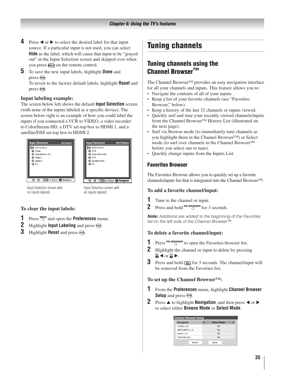 Tuning channels, Tuning channels using the channel browser, Favorites browser | Input labeling example | Toshiba 22AV500U User Manual | Page 35 / 60