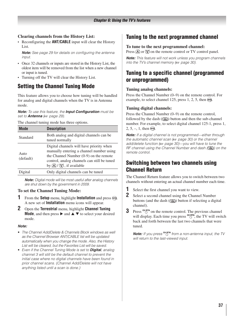 Setting the channel tuning mode, Tuning to the next programmed channel | Toshiba 22AV500U User Manual | Page 37 / 60