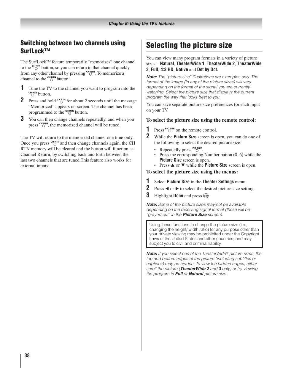Selecting the picture size, Switching between two channels using surflock | Toshiba 22AV500U User Manual | Page 38 / 60