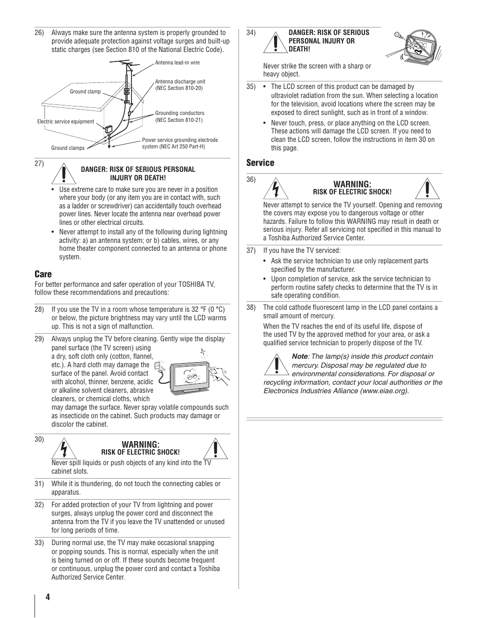 Care, Service | Toshiba 22AV500U User Manual | Page 4 / 60