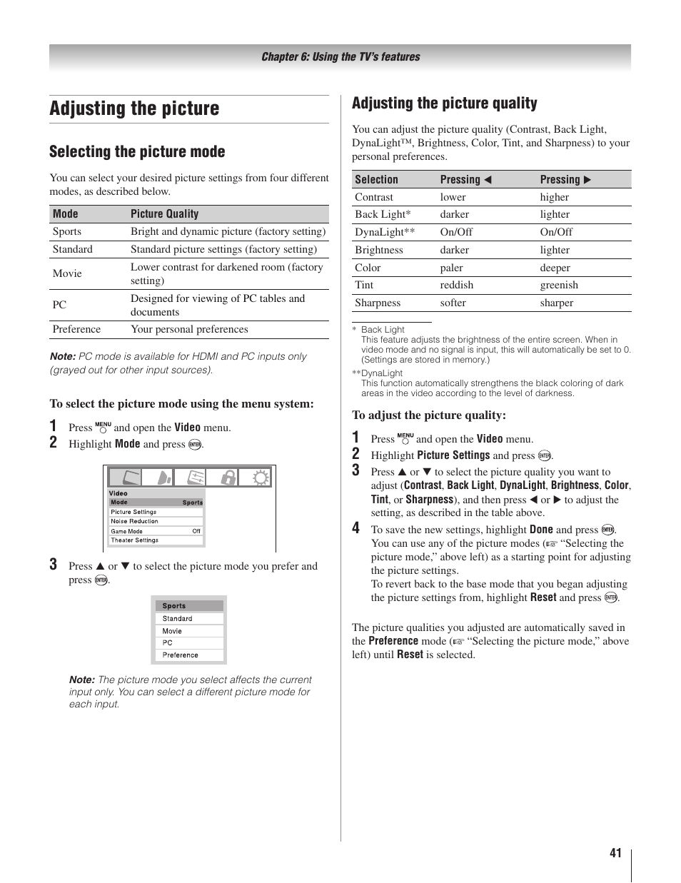 Adjusting the picture, Selecting the picture mode, 1� � � adjusting the picture quality | Toshiba 22AV500U User Manual | Page 41 / 60