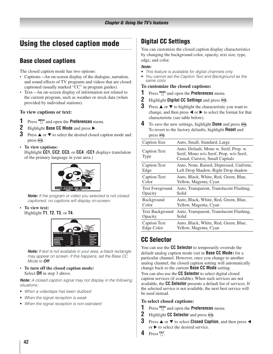 Using the closed caption mode, Base closed captions, Digital cc settings | Cc selector | Toshiba 22AV500U User Manual | Page 42 / 60