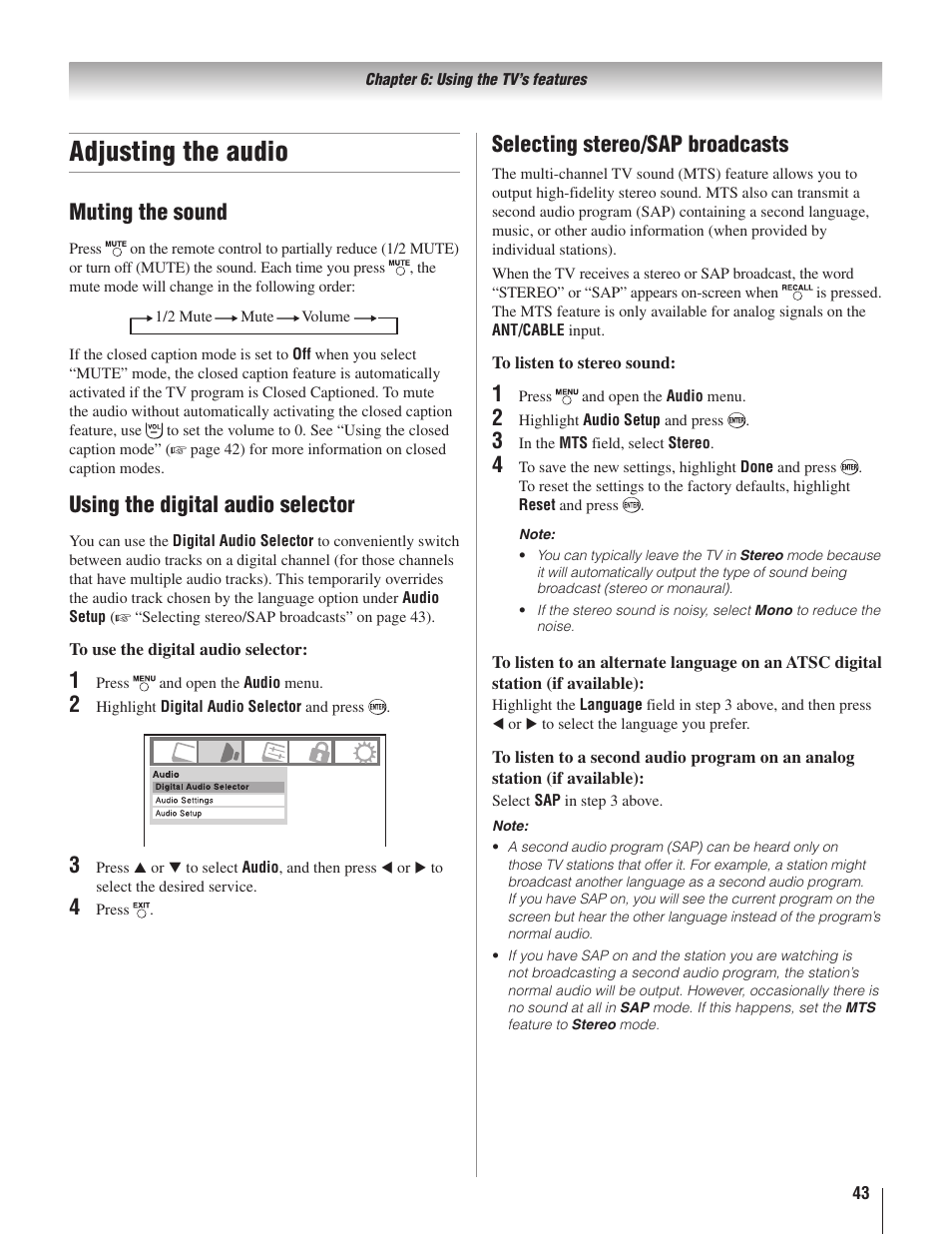 Adjusting the audio, Muting the sound, Using the digital audio selector | 1� � � � selecting stereo/sap broadcasts | Toshiba 22AV500U User Manual | Page 43 / 60