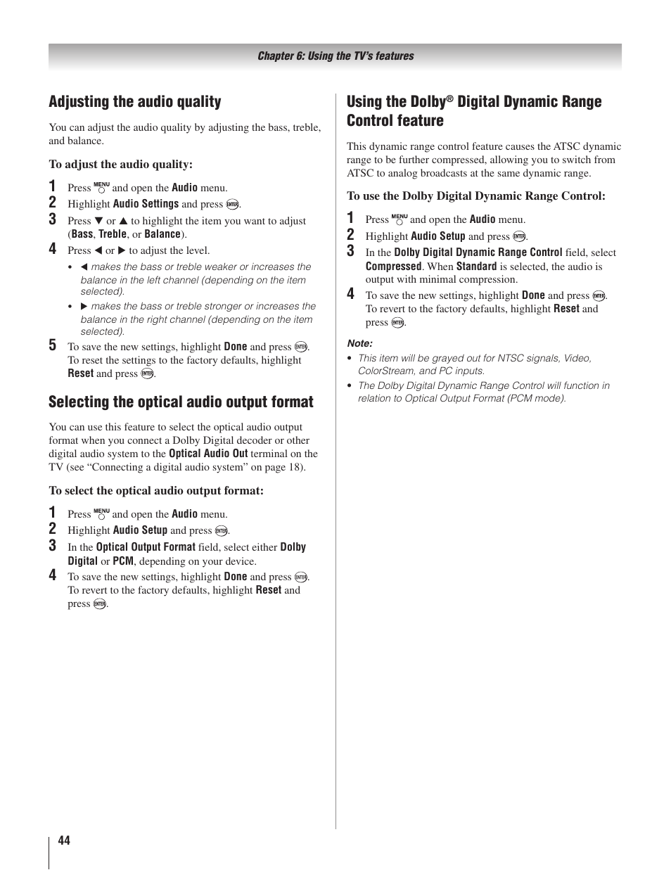 Adjusting the audio quality, Selecting the optical audio output format, 1� � � � using the dolby | Digital dynamic range control feature | Toshiba 22AV500U User Manual | Page 44 / 60