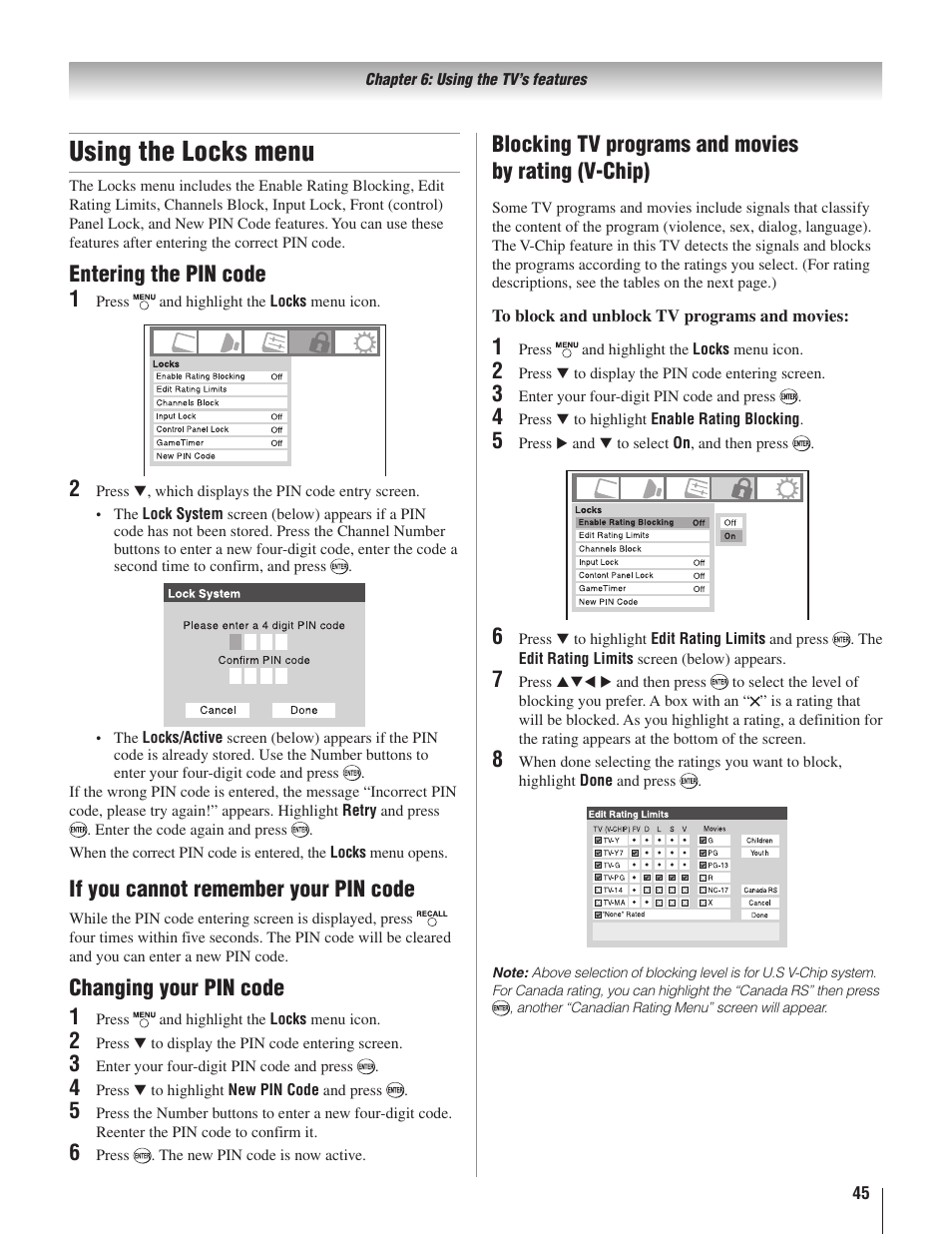 Using the locks menu, Entering the pin code, If you cannot remember your pin code | Changing your pin code | Toshiba 22AV500U User Manual | Page 45 / 60