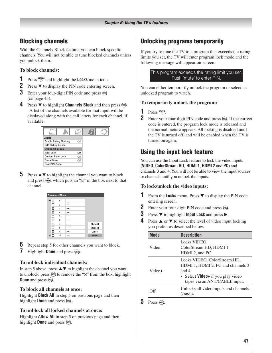 Blocking channels, Using the input lock feature | Toshiba 22AV500U User Manual | Page 47 / 60