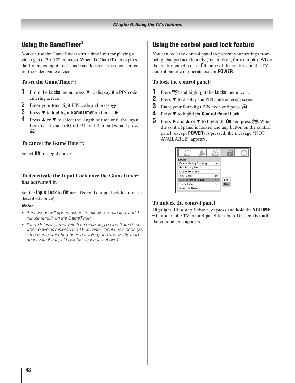 Using the gametimer, Using the control panel lock feature | Toshiba 22AV500U User Manual | Page 48 / 60