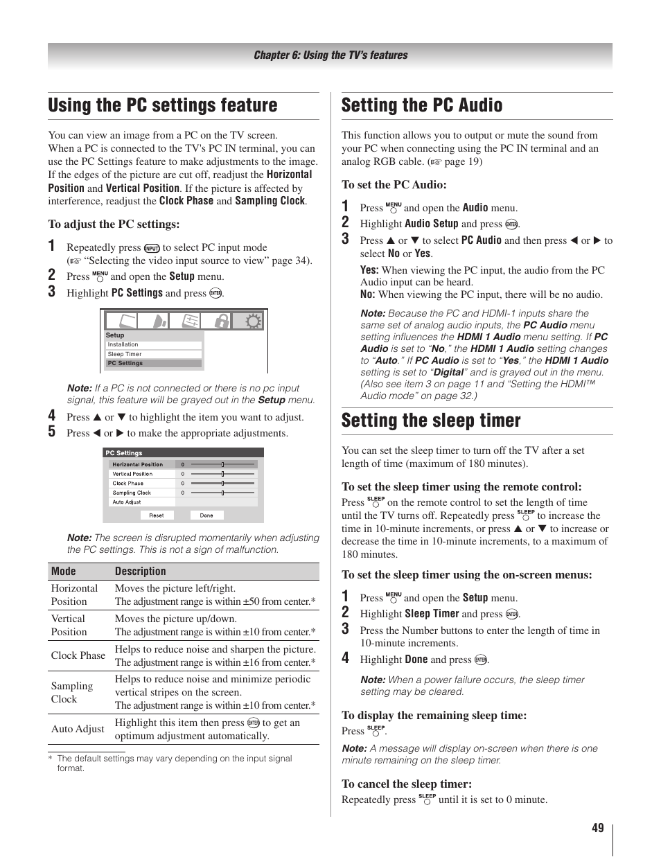 Using the pc settings feature, Setting the pc audio, Setting the sleep timer | Toshiba 22AV500U User Manual | Page 49 / 60