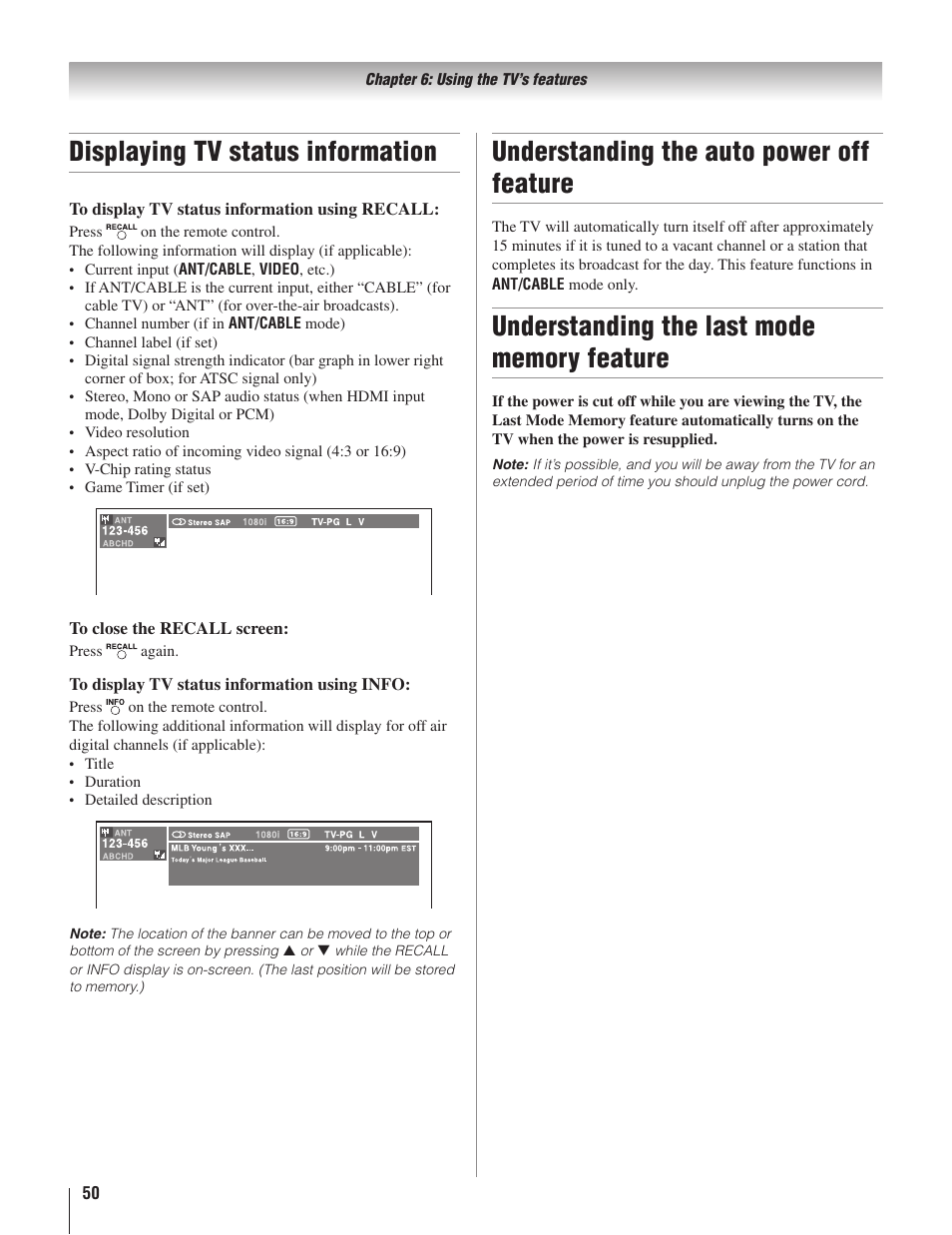 Displaying tv status information, Understanding the auto power off feature | Toshiba 22AV500U User Manual | Page 50 / 60