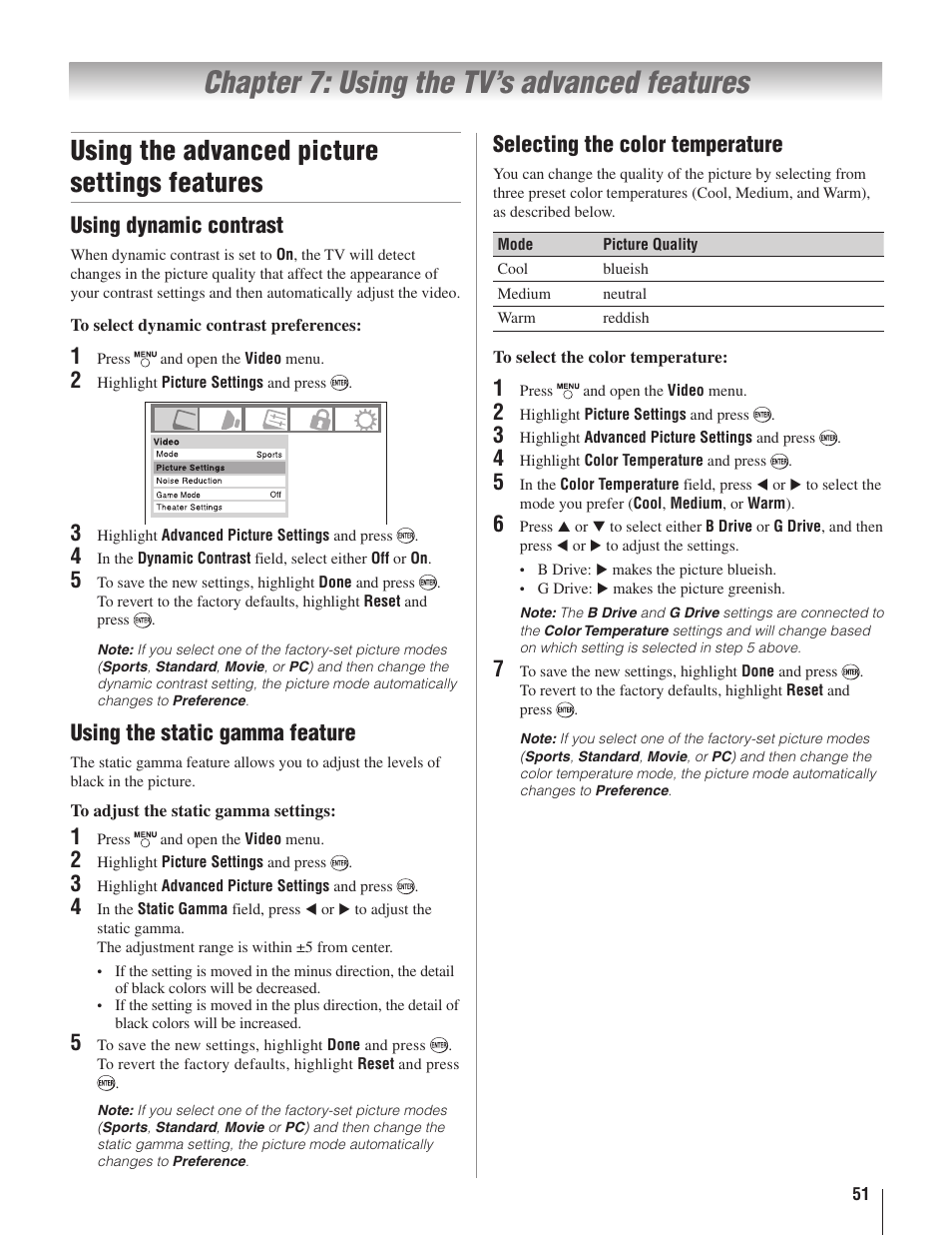 Chapter 7: using the tv’s advanced features, Using the advanced picture settings features, Using dynamic contrast | Using the static gamma feature, Selecting the color temperature | Toshiba 22AV500U User Manual | Page 51 / 60
