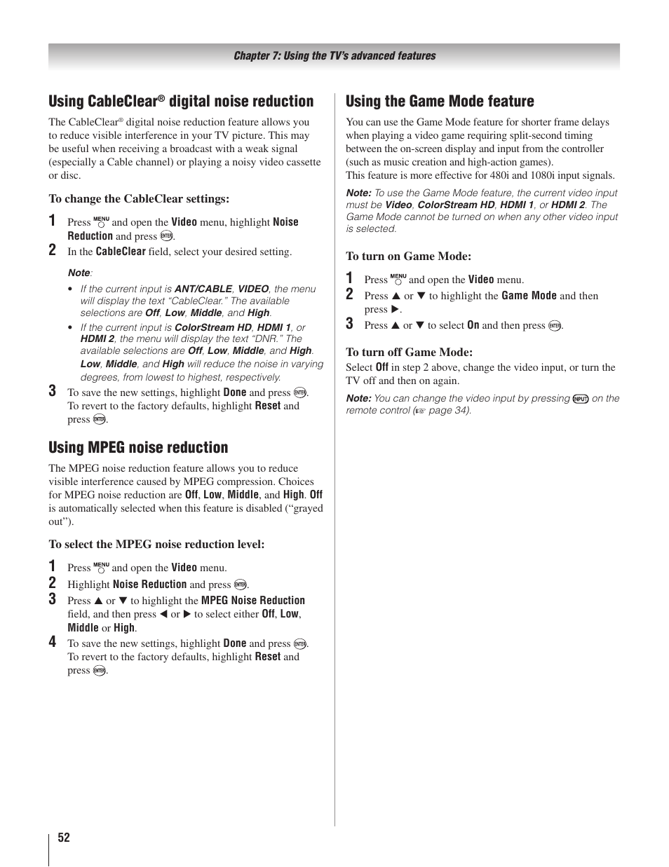 Using cableclear, Digital noise reduction, Using mpeg noise reduction | 1� � � � using the game mode feature | Toshiba 22AV500U User Manual | Page 52 / 60