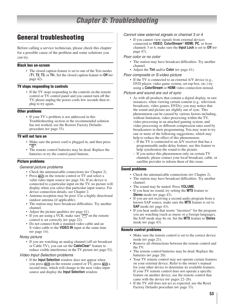 Chapter 8: troubleshooting, General troubleshooting | Toshiba 22AV500U User Manual | Page 53 / 60