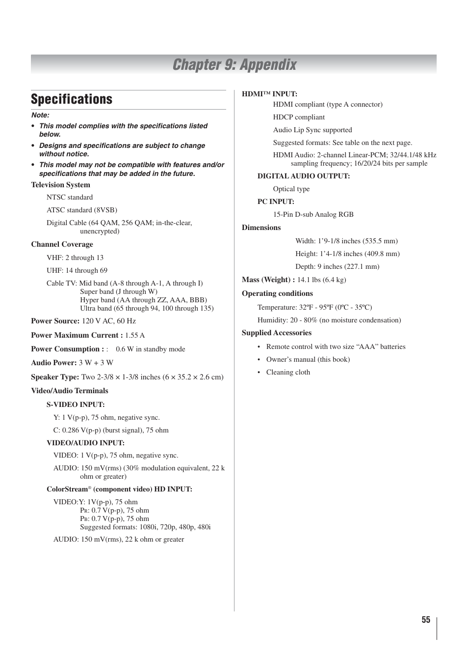 Chapter 9: appendix, Specifications | Toshiba 22AV500U User Manual | Page 55 / 60