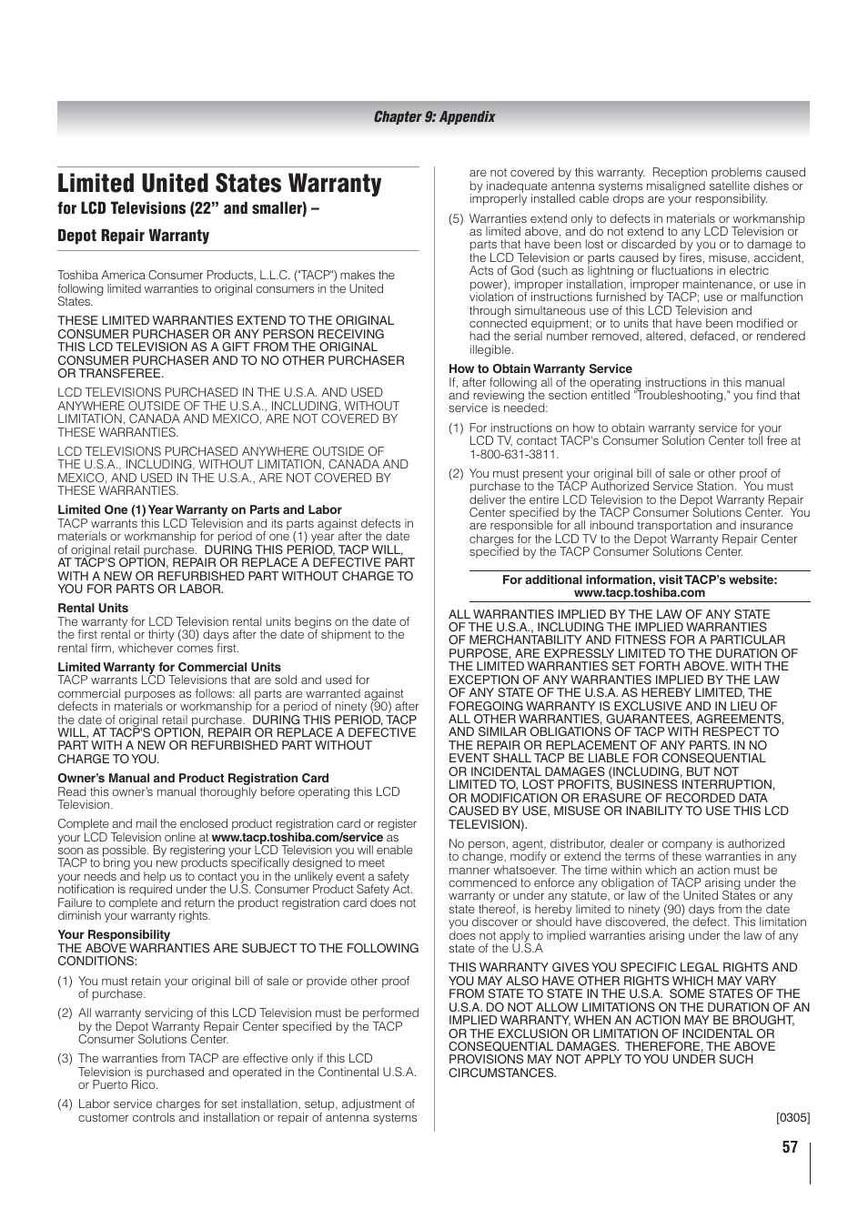 Limited united states warranty | Toshiba 22AV500U User Manual | Page 57 / 60